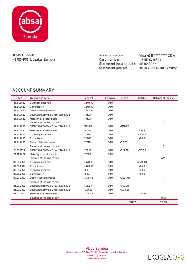 Relevé bancaire Absa en Zambie